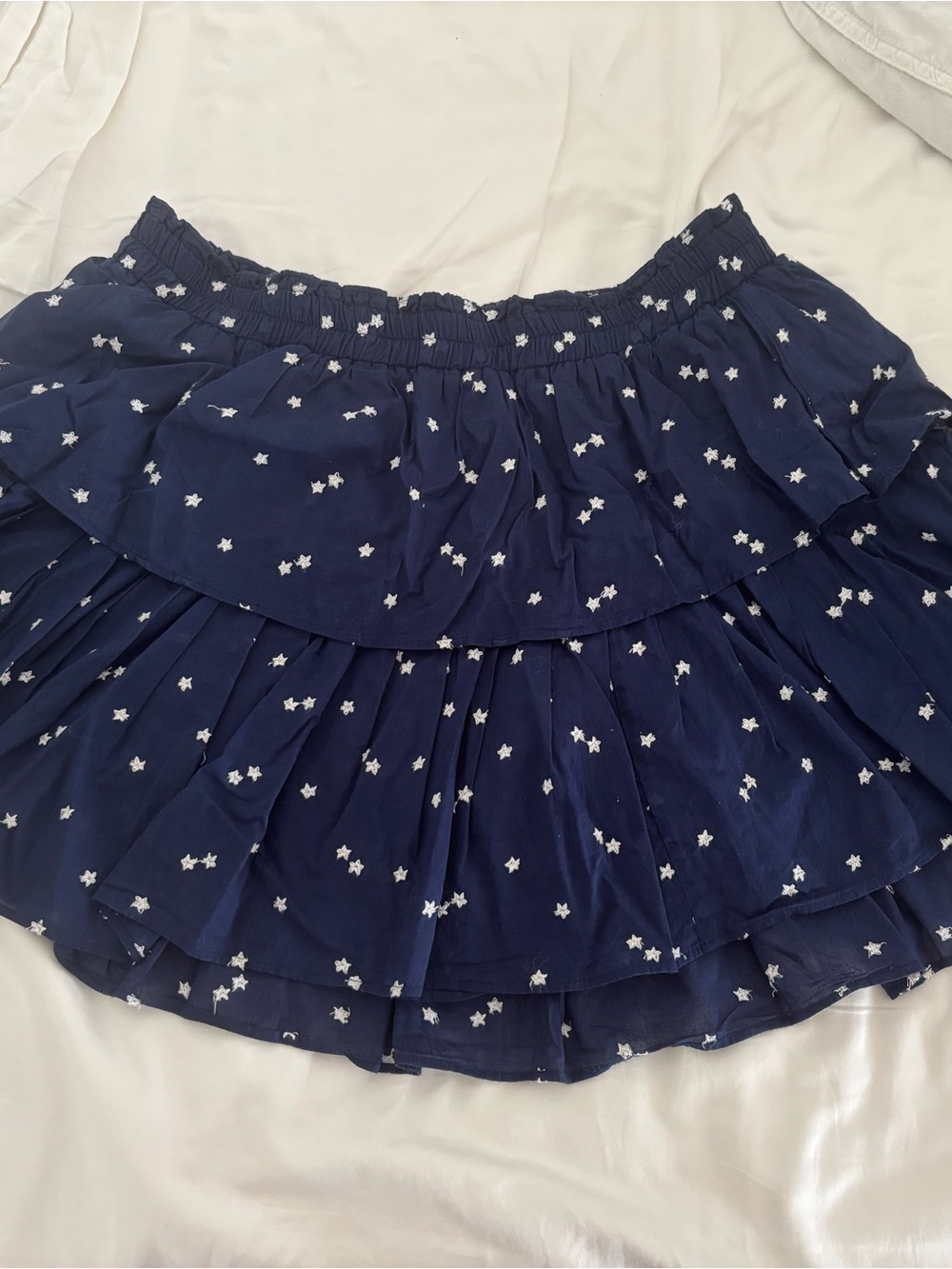 LoveShackFancy Navy Blue Star-Print Tiered Mini Skirt